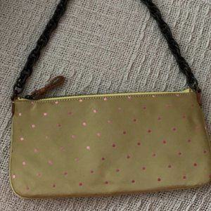 Vintage J. Crew Green with Pink Polka Dot Silk Clutch with Chain